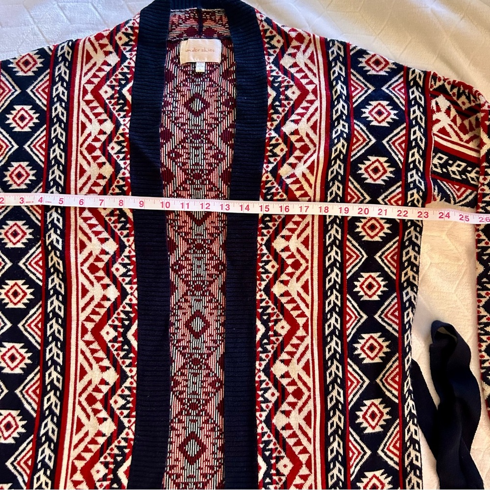 Under Skies Aztec Tribal Dark Red Navy Blue Belted Open Cardigan Size L Boho - Picture 5 of 9
